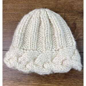 Nirvanna Designs Women's Ivory Chunky Cable Knit Wool Beanie Handmade in Nepal